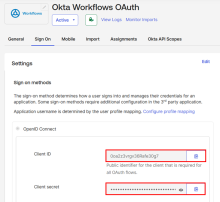 Copy the client ID and client secret for the Okta Workflows OAuth app.
