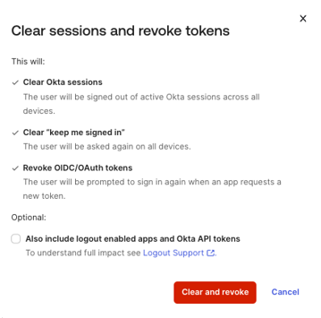 The Clear sessions and revoke tokens dialog in the Admin Console