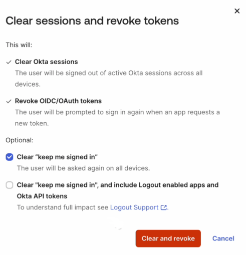 The Clear sessions and revoke tokens dialog in the Admin Console